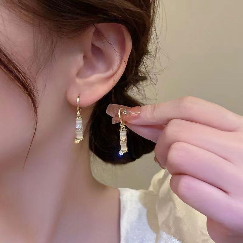 Chinese style simple new earrings opal bamboo joint retro style exquisite ear buckle fashion temperament versatile woman
