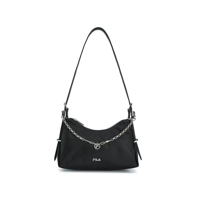 

FILA White Crescent Bag Fashion Trendy Minimalist Classic Casual Commuter Versatile Metal Chain Fabric PU Crossbody Bag Regular Black F13W623162FBK Jet Black