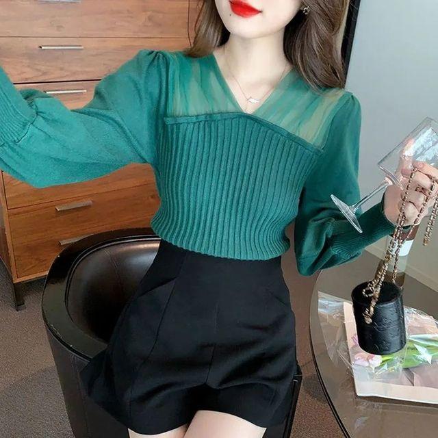 Síťovaná pletenina s výstřihem do V Top Dámské Podzim Zima Temperament Svetr s dlouhým rukávem Móda Jednobarevná Halenka