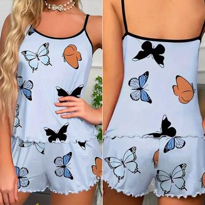 Kelebek Baskılı Pijama Mavi Set Kamisol Atlet Seksi Sırtı Açık Bayan Uyku Giyim Ev Giyim Uyku Geceliği