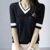 Summer Women's Color Block Knit Top V Neck Short Sleeve Casual Blouse