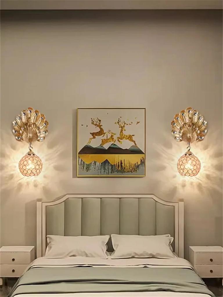 European Creative Peacock Wall Lamp Resin Crystal Lighting Decorative Dinning Living Background Bedroom Bracket Light