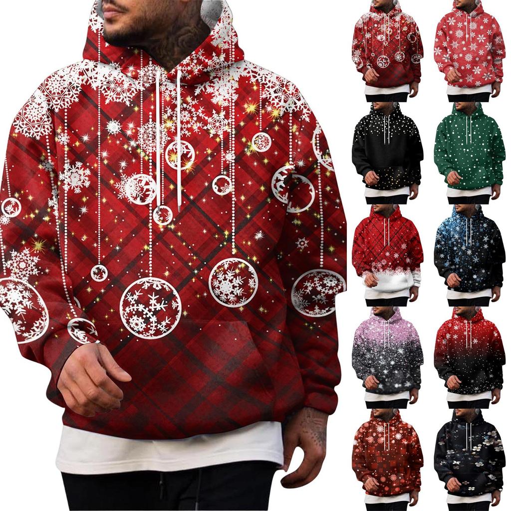 Men's Casual Loose Fit Hoodie with Christmas Print and Large Pockets