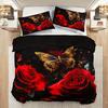 3pcs Bedding Set Black Red Rose Butterfly Print Cozy Duvet Cover King Queen Twin Single Size Birthday Gift Adult Bedroom Decor