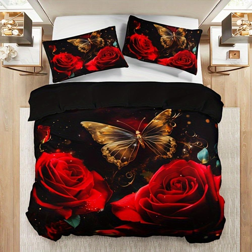 3pcs Bedding Set Black Red Rose Butterfly Print Cozy Duvet Cover King Queen Twin Single Size Birthday Gift Adult Bedroom Decor