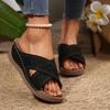 2025 Foreign Trade Thick Bottom Hollow Cross Slippers Women's Slope Heel Embroidered Beach Fish Mouth Side Empty Open Toe Cold Slippers