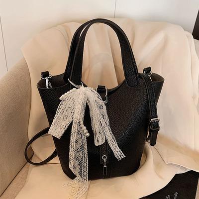 Popular Super Fire Simple Temperament Lychee Pattern Portable Bucket Bag Casual Light Luxury Solid Color Advanced Sense Messenger Bag Bag Woman