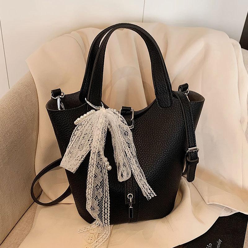 Simple Temperament Lychee Pattern Portable Bucket Bag Casual Light Luxury Solid Color High-end Messenger Bag Bag Female