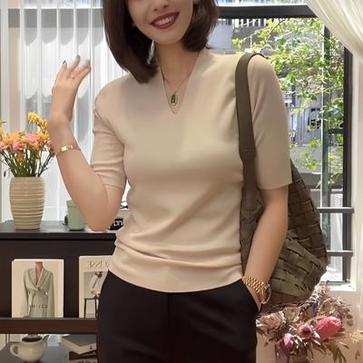 Sommer dünn V-Ausschnitt Eis Seide kurzärmelig gestrickter Pullover Damen Sommer Neu Temperament High-End Slim-Fit Unterhemd