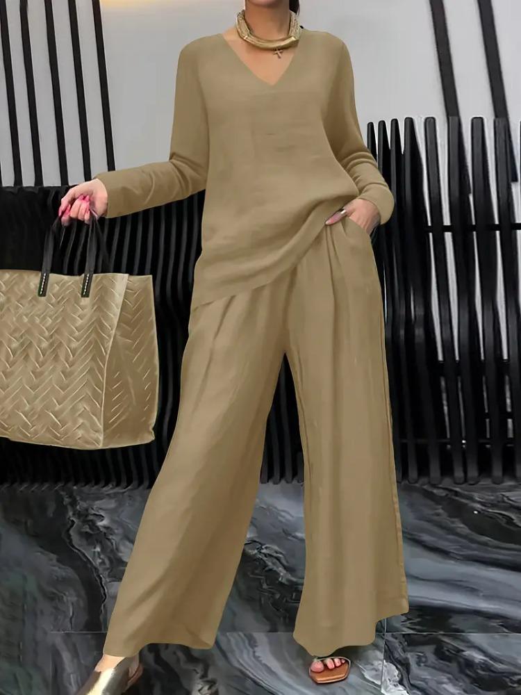 Damen Royalblau V-Ausschnitt Langarm Top und Weite Hosen Set