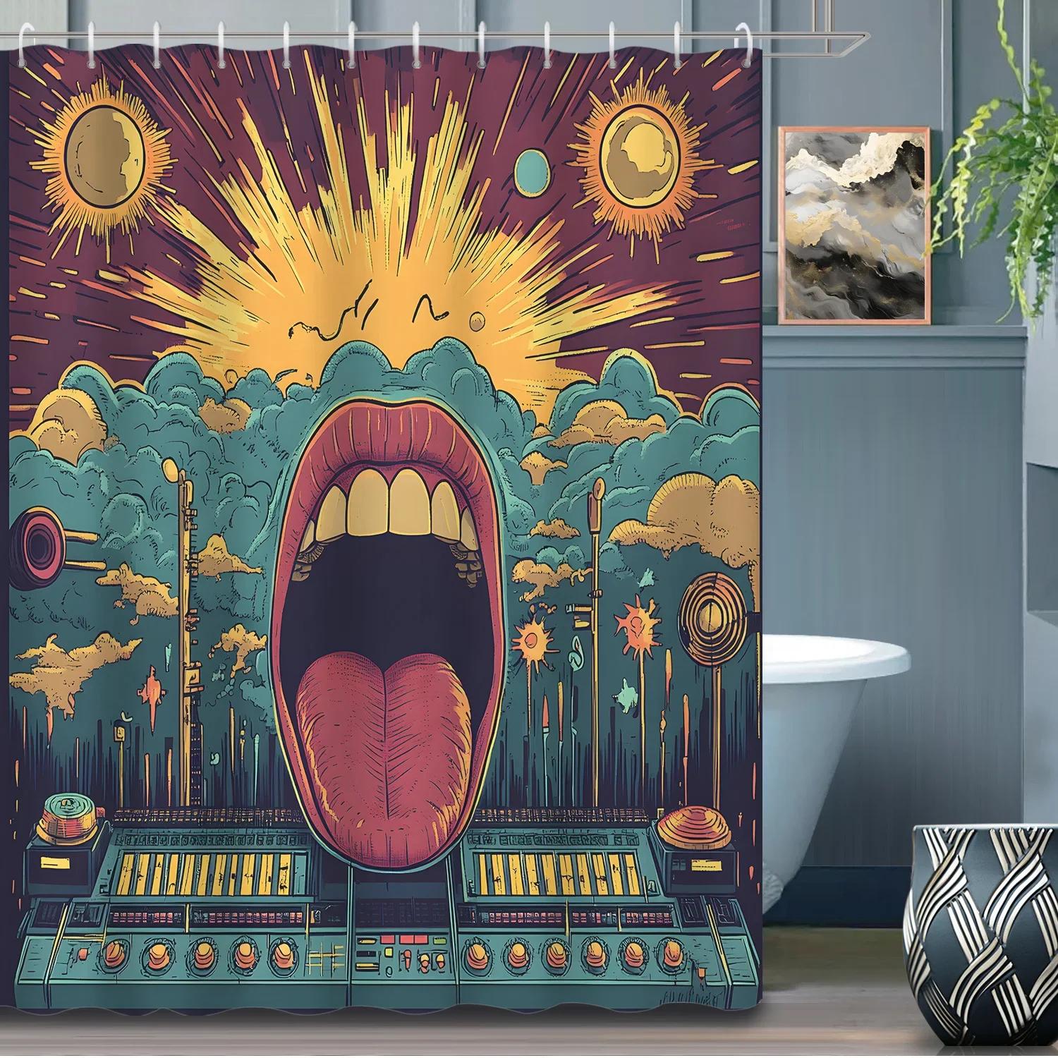 

1pc Retro Abstract Geometric Art Mouth Teeth Tongue Shower Curtain Partition Curtain, Bathroom Decoration Shower Curtain 90X180CM