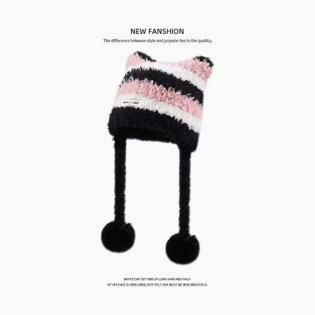 Autumn and Winter Cute Bear Showing Face Small Plush Hat Female Warm Big Head Circumference Ear Protector Wool Hat Knitted Hat