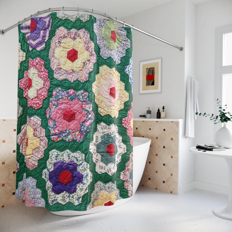 

Vintage Quilt Aesthetic Shower Curtain - Retro Quilters Cottagecore, Grandmother S Flower Garden Pattern W60H190(CM)-1 Pcs