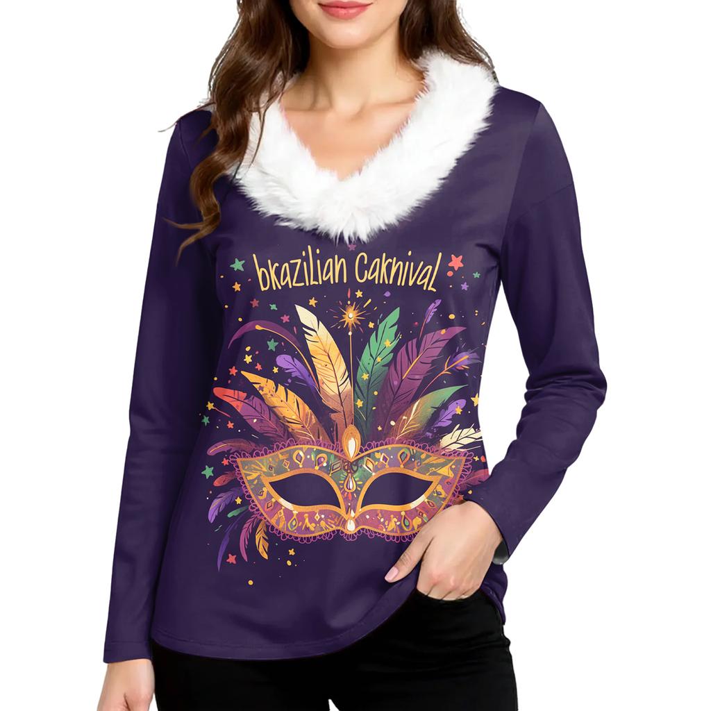 Dámský volný ležérní top s dlouhým rukávem a potiskem, plyšový límec ve tvaru V, top s dlouhým rukávem