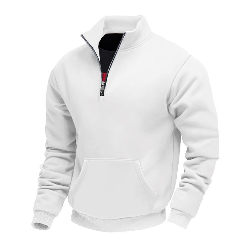 Autumn/Winter Fleece-Lined Heavyweight Men's Oversized Vintage-Style Casual Stand-Up Collar Half-Zip Commuter Hoodie with Pockets