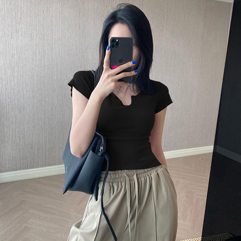High-waisted Belly Button Curled Summer New Pure Cotton Short T-shirt Women's Short-sleeved Hot Girl Slim Shoulder Top
