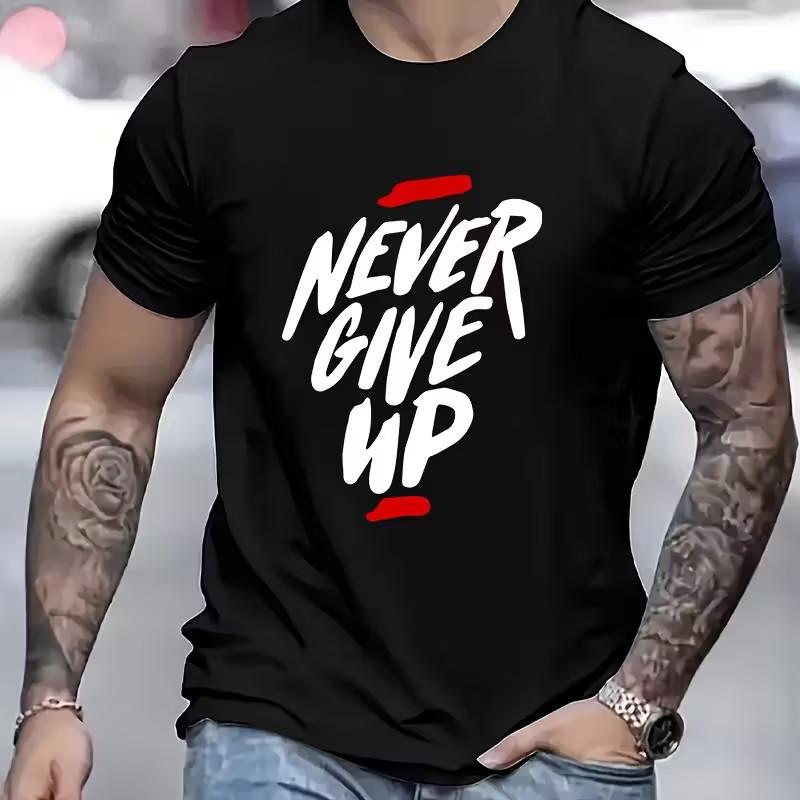 Men s T-Shirt With Never Give Up Letter Print Casual Crew Neck Motivational Tee S разноцветный