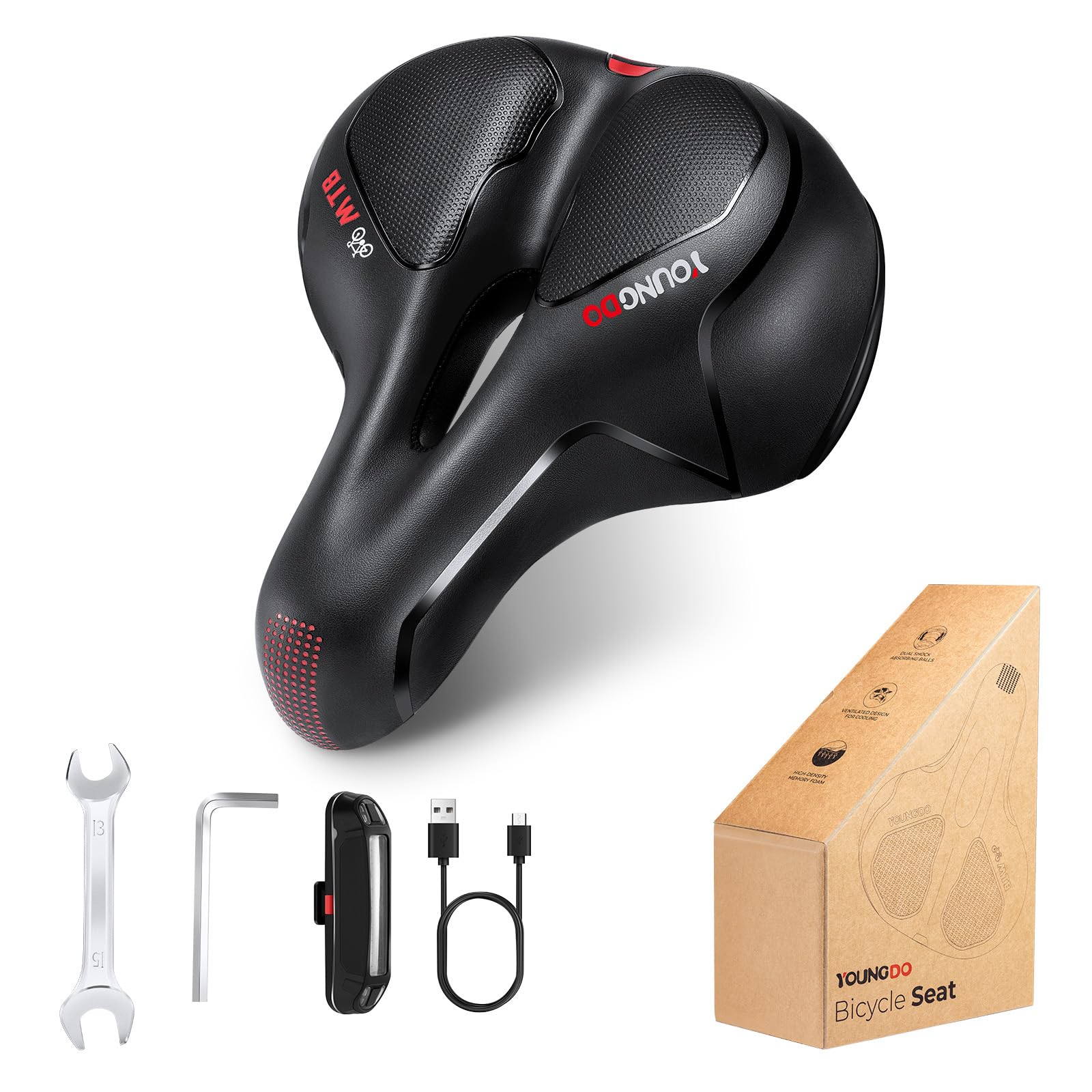 

YOUNGDO Bicycle Extra Thick Memory Foam Cushion with LED Perforated Breathable and Compatible with Road Cross Mountain and Aero Bikes Saddle, Light, чёрный