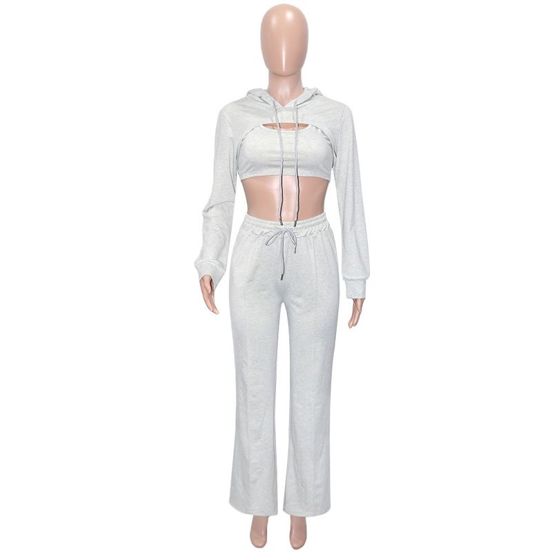 

Cross-Border European and American Leisure Hood Hollow-out Long sleeve Hoodie Solid Sling Waist High Waist Pants Three-Piece Suit Women Suit Light gray XXL