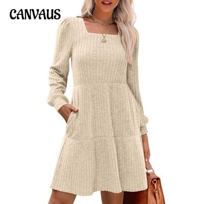 Women's Round Neck Pocket Knit Sweater Long Sleeve A-line Dress