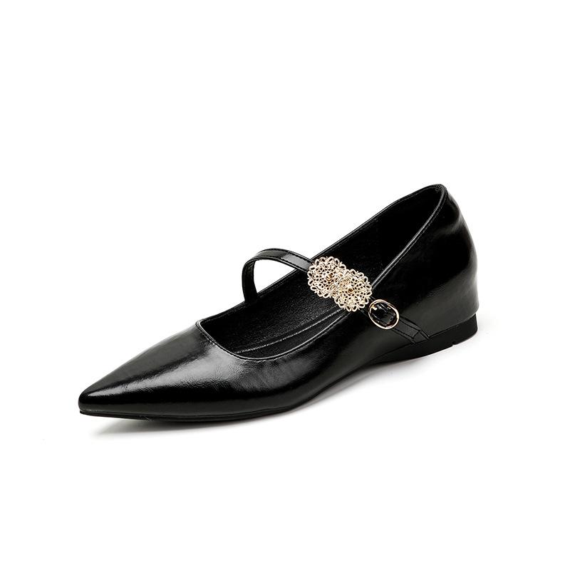 French Commuter Spring Pointed Temperament Metal Buckle One-word Belt Inner Heightening Ladyshoes Evening Breeze Gentle Shoes Fairy Single Shoes