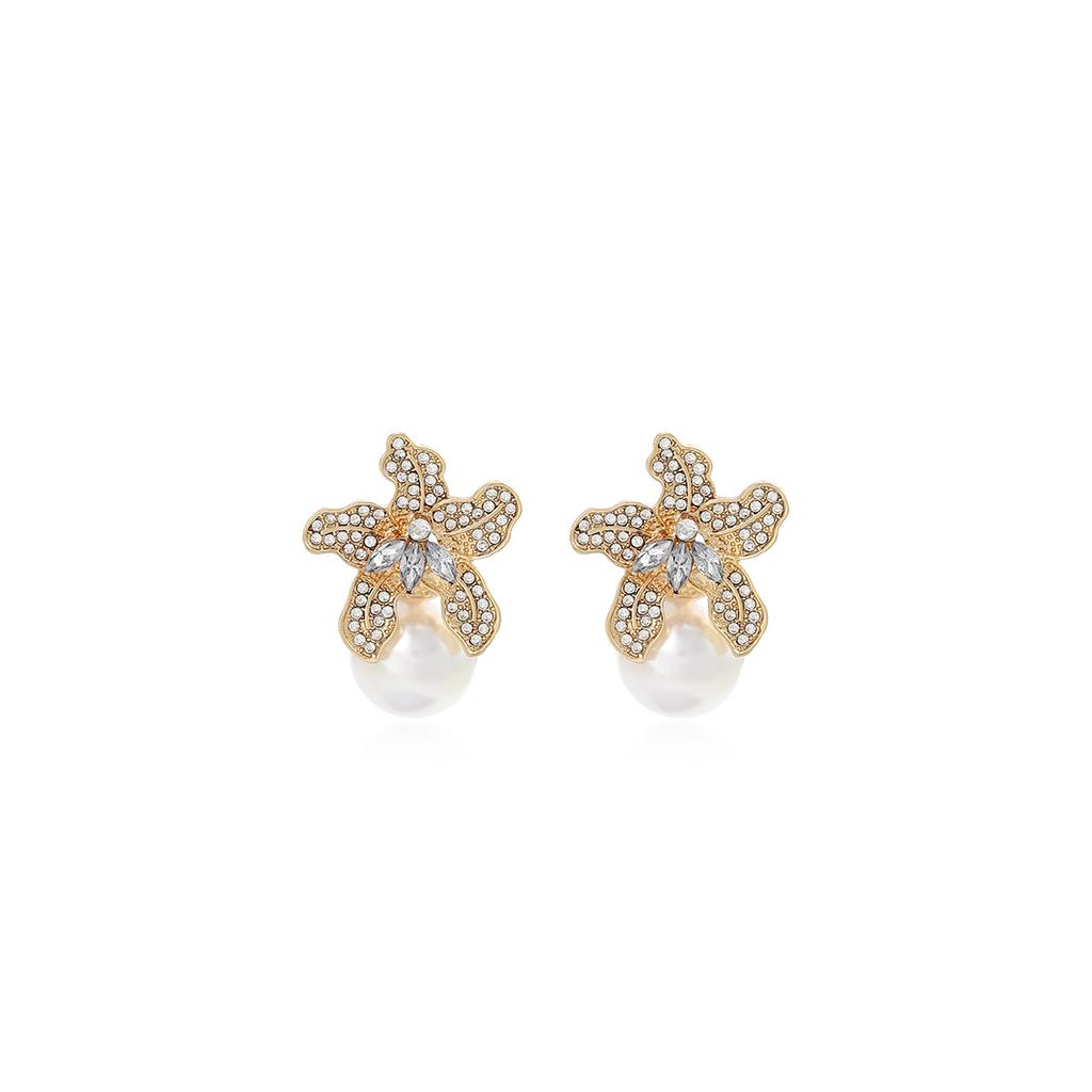 French Retro Diamond-Encrusted Flower Pearl Stud Earrings, Light Luxury And Elegant Temperament Cold Wind High-End Earrings Women