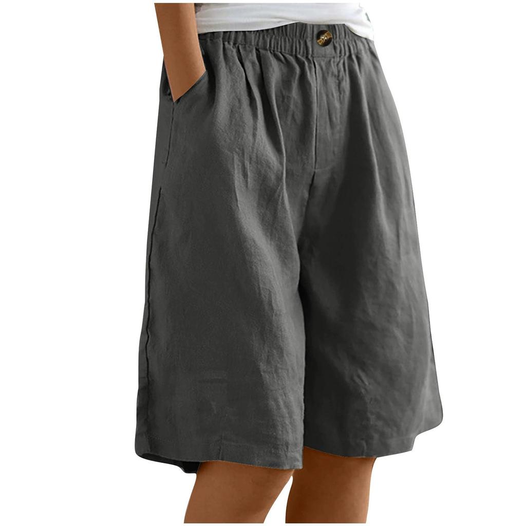 Female Summer Solid Color Simple Cotton Linen Shorts Button High Waist Loose Five Pants
