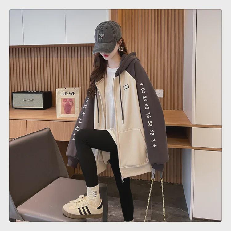 Women's Contrast Color Hooded Sweatshirt - Spring/Fall 2025, Thickened Velvet, American Style Zip-Up Cardigan