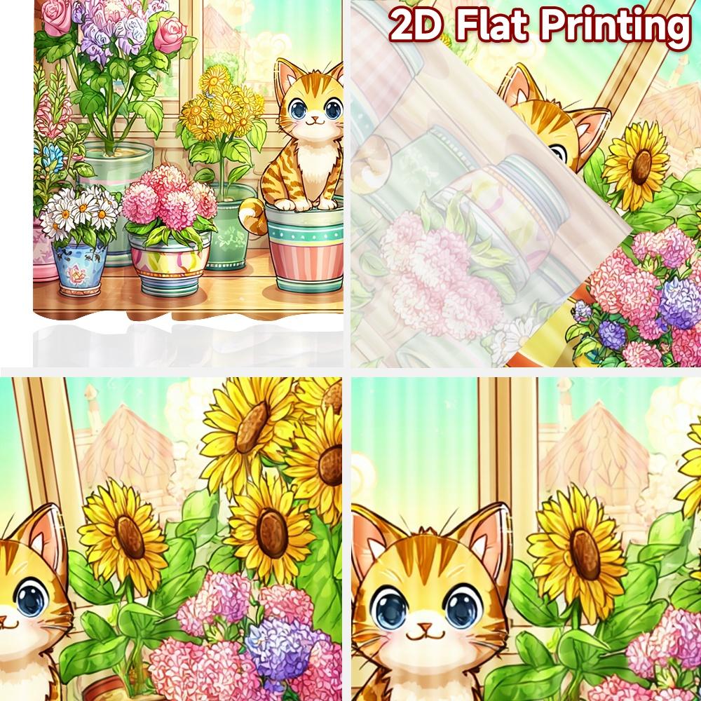 2D Flat Printing 2pcs Curtain Cute Cat Flower Garden Digital Printed Polyester Drapes All Season Party & Holiday Decor for