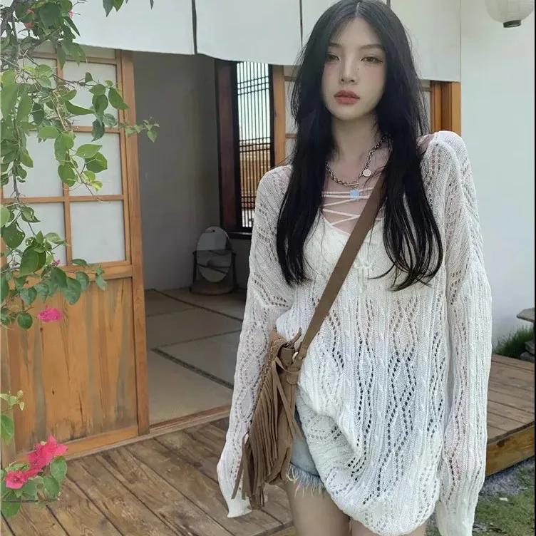 Hollow Sunscreen Blouse Ins Spring Loose Lazy Wind Halter Blouse Women's V-neck Knitted Blouse
