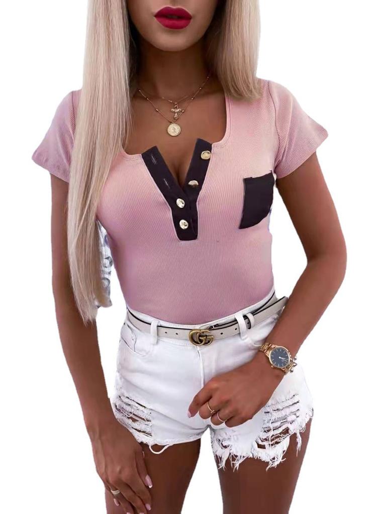 2023 Lente Zomer Knopen T-shirt Dames V-hals Slim Tee Korte mouw Mode Dames Kantoor Tops Effen Casual T-shirt Top 25075
