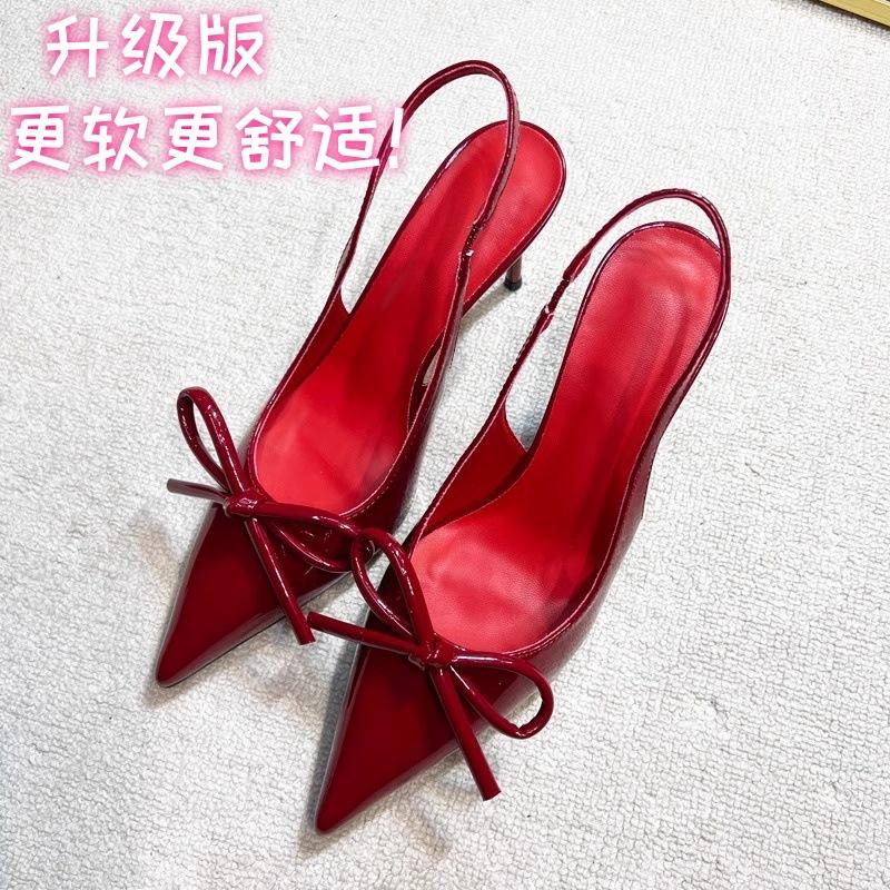 French Burgundy One-word High Heels, Bow 2025 New Models, Beautiful Outer Wear, Pointed Head, Thin Heel, Bag Head, Sandals Women