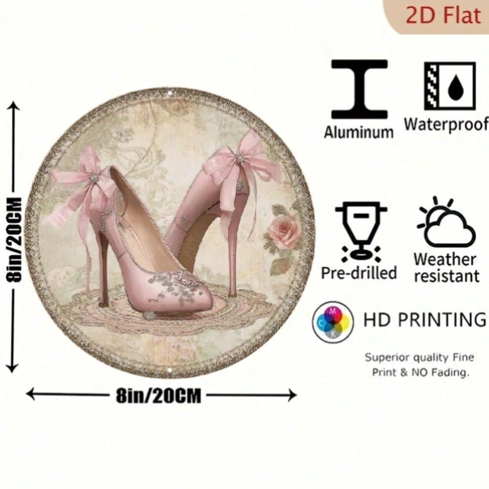 Vintage Metal Wall Art 8x8 Inch, Elegant Lace Pearl High Heel Shoe Decor with Floral Bow, Round Hanging Ornament for Home Bedroom Living Room