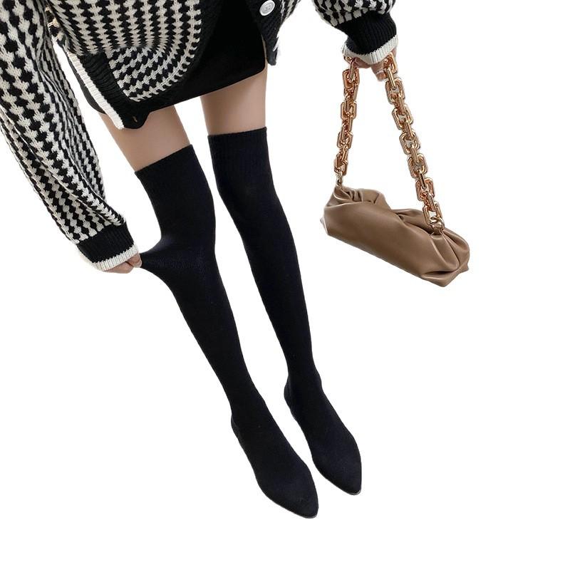 French Internet Celebrity Pointed High Heel Thin Boots Women 2025 New Autumn and Winter Elastic Tube Thick Heel Knee Socks Boots Boots