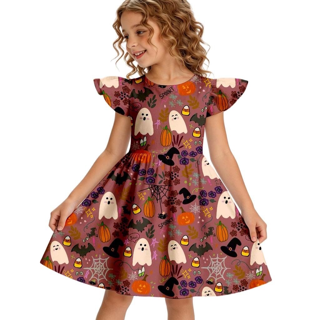 Girls Halloween Casual Dress Round Neck Ruffle Sleeve A-Line Dress Soft Comfortable Fabric Suitable for Daily Wear and Parties