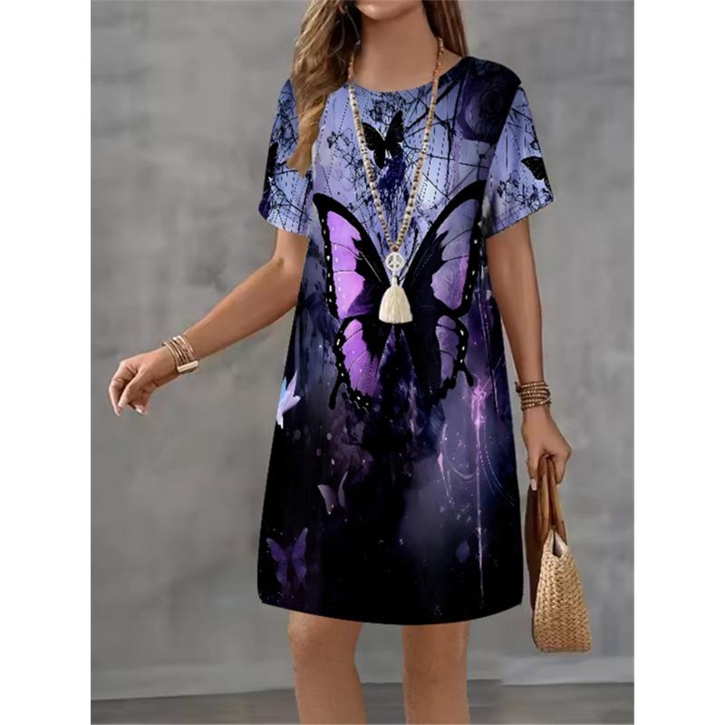 Women Dress Butterfly Pattern Printing Design Sense Pattern Summer Elegant Women A-Line Dress Casual Short Sleeve Mini Dress