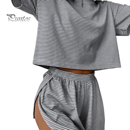 2 Teile/satz Sommer Homewear Top Und Hosen Anzug Gestreiften Pyjamas Lose Nachtwäsche Kurzarm T-shirt Elastische Taille Schlitz Shorts Set