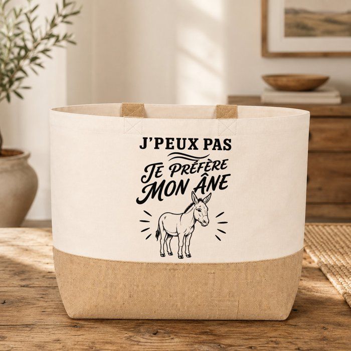 Sac J’peux pas je préfère mon Âne J'peux pas minimaliste | Cabas en Coton avec Fond Jute 18 L 48 × 37 × 13 cm | Marché Shopping