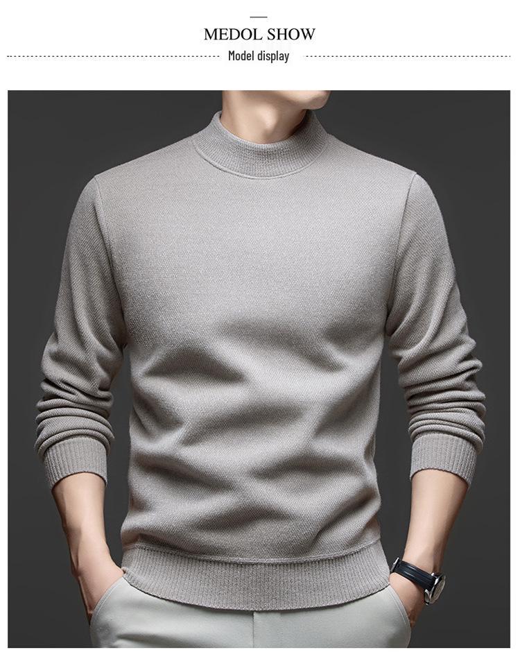 Men's Fleece-Lined Half-High Neck Sweater: Warm, Thick, Knitted Pullover for Autumn & Winter.