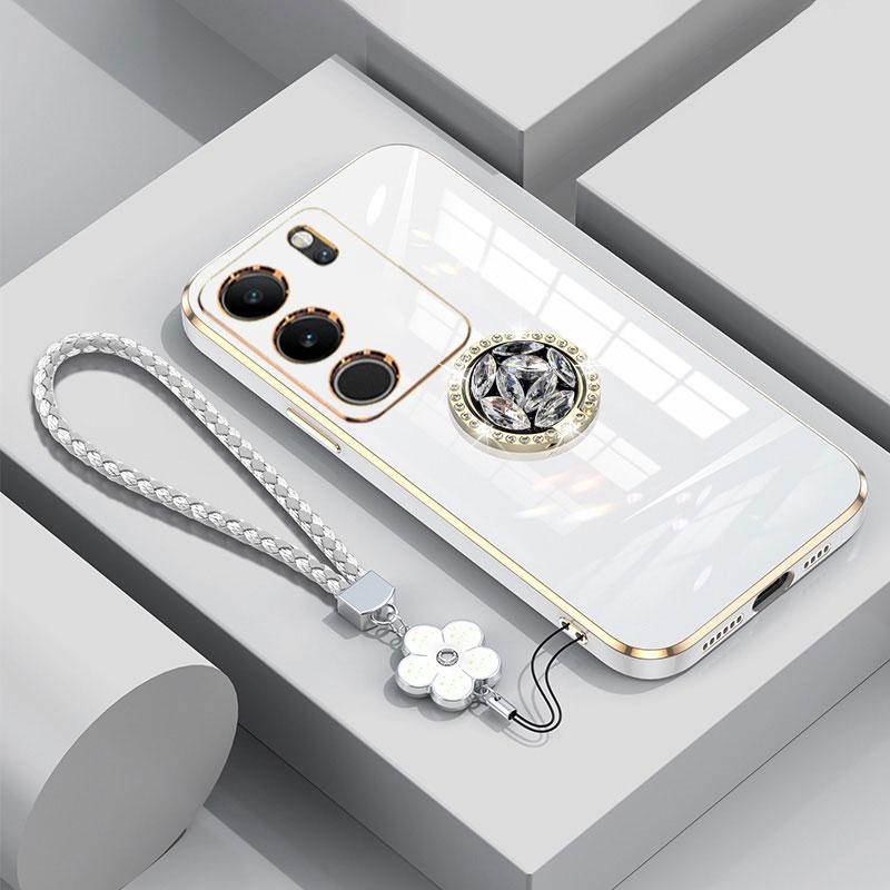 V29 5G Pouzdro Luxusní Kryt s Diamantovým Prstenem Pro Vivo V29 V29E V25 V21 V21E V20 SE Y76 Y75 Pouzdro na Telefon Se Šňůrkou Pokovené Pouzdro V 29