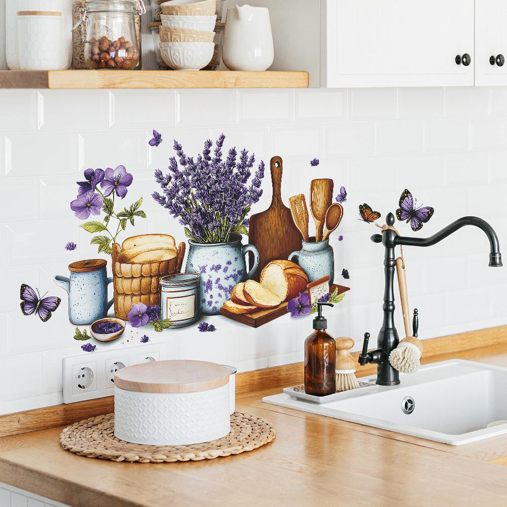 Self-adhesive Wall Stickers Flowers Bread Kitchen Utensils Butterfly for Restaurant Kitchen Dining Room Home Decor
