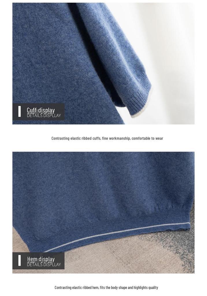 T-shirt à Manches Courtes et Col Rond Color Block 100% Laine Australienne pour Homme - Coupe Ample Décontractée, Couche de Base en Cachemire Printemps/Automne.