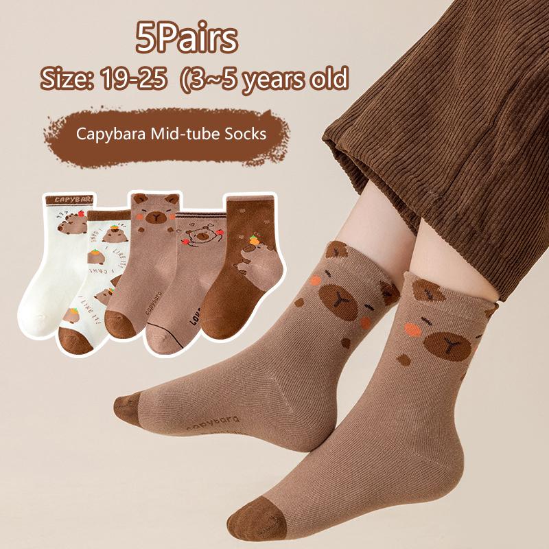 

5 пар носков средней длины с принтом капибары из мультфильма, дышащие мягкие повседневные носки унисекс, осенне-зимние, кофейные, сохраняющие тепло, носки средней длины