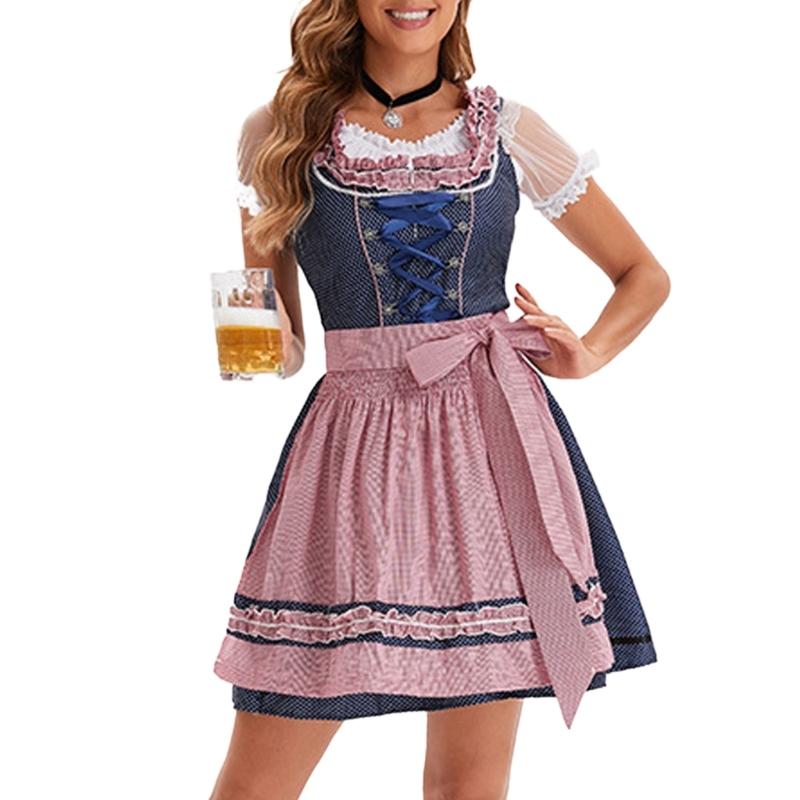 German Bavarian Oktoberfest Costume Set,Halloween Beer Costume Dirndl Dresses Blouse Apron Bows Ribbon for Adult Women