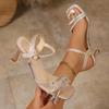 Fashion Luxury Silver Glitter Strap Ankle Strap Sandals Women Summer Square Toe High Heels Sandals Flower Decoration Rose Gold Shoes
