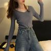 Women Tops V-neck Long Sleeve Slim Fit Pullover Sweater Solid Color Ribbed Bottom Sweater Elastic Knitwear