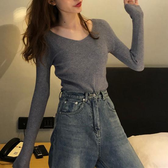 Women Tops V-neck Long Sleeve Slim Fit Pullover Sweater Solid Color Ribbed Bottom Sweater Elastic Knitwear