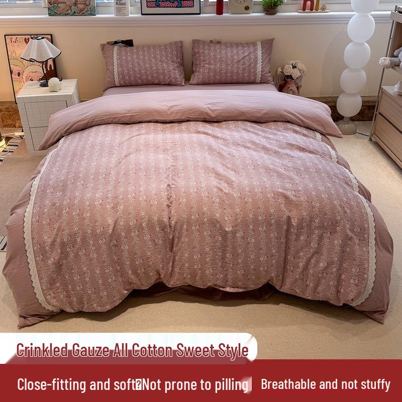 Korean Soft Crinkled Gauze Lace 4-Piece Bedding Set