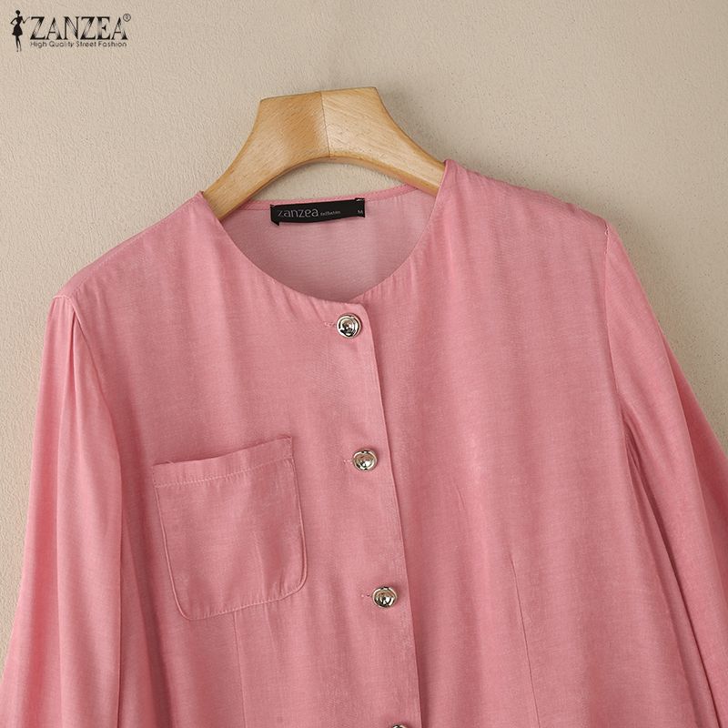 ZANZEA Women Casual Round Neck Solid Color Loose Long Sleeve Blouse