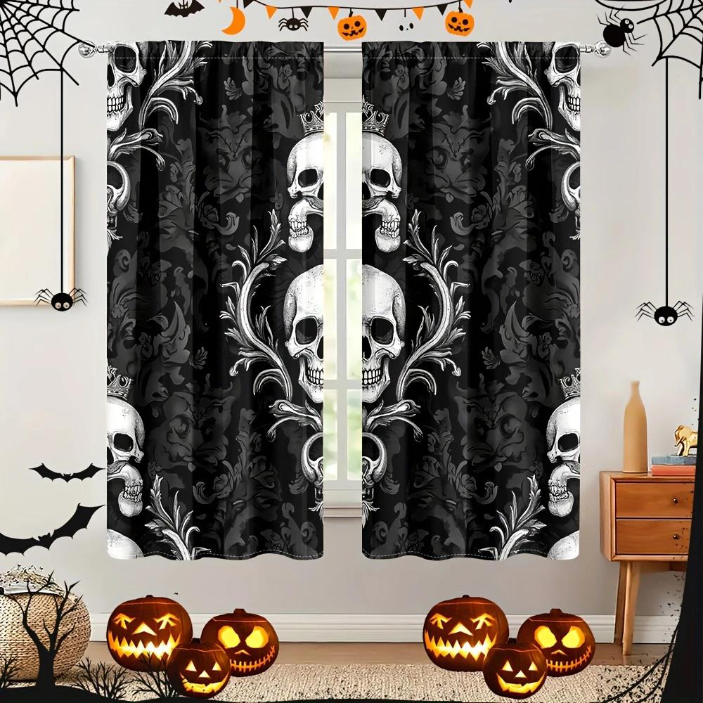 2 st- Halloween Gotiska gardiner med dödskallemönster, stångficka heminredning, rumsdekorationer